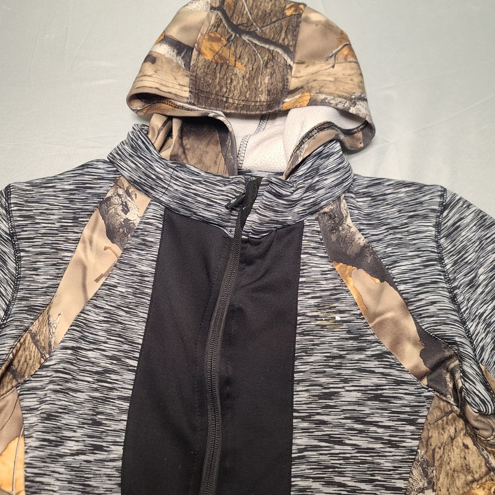 Full Zip Camo Hoodie Women Medium Gray Camouflage Fleece Thumbholes Gorpcore